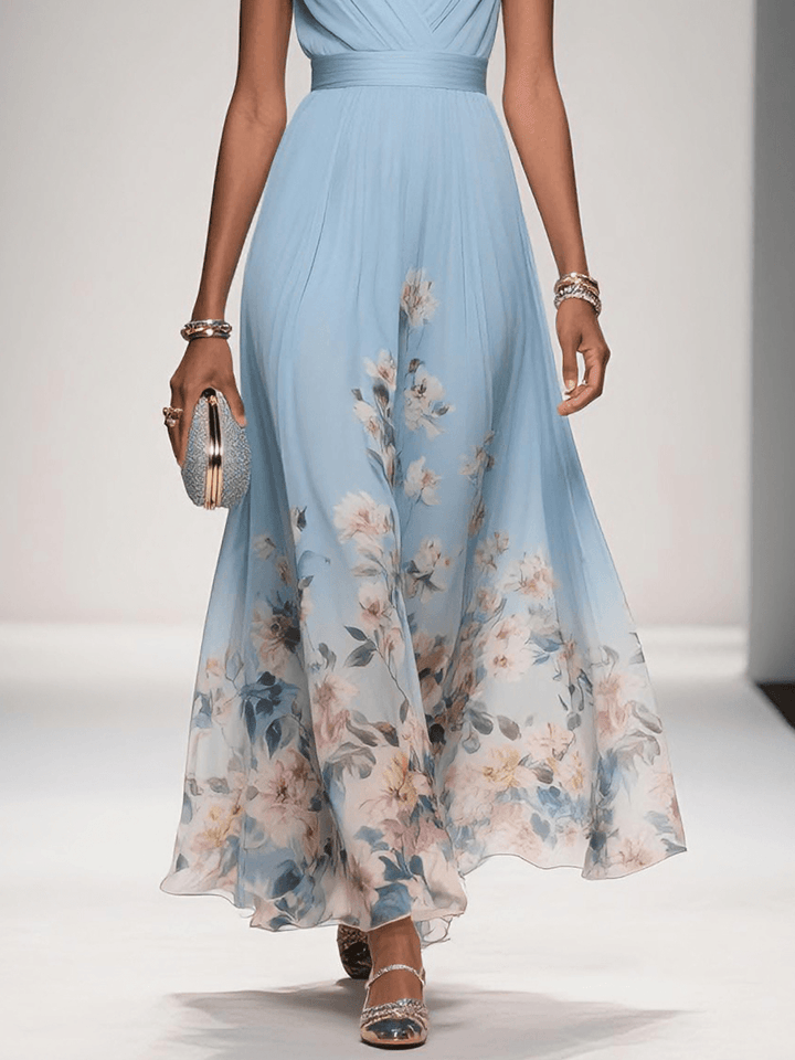Effortless Floral Maxi Dress for Women with V Neck Sleeveless Flowing Formal Wedding Guest Style