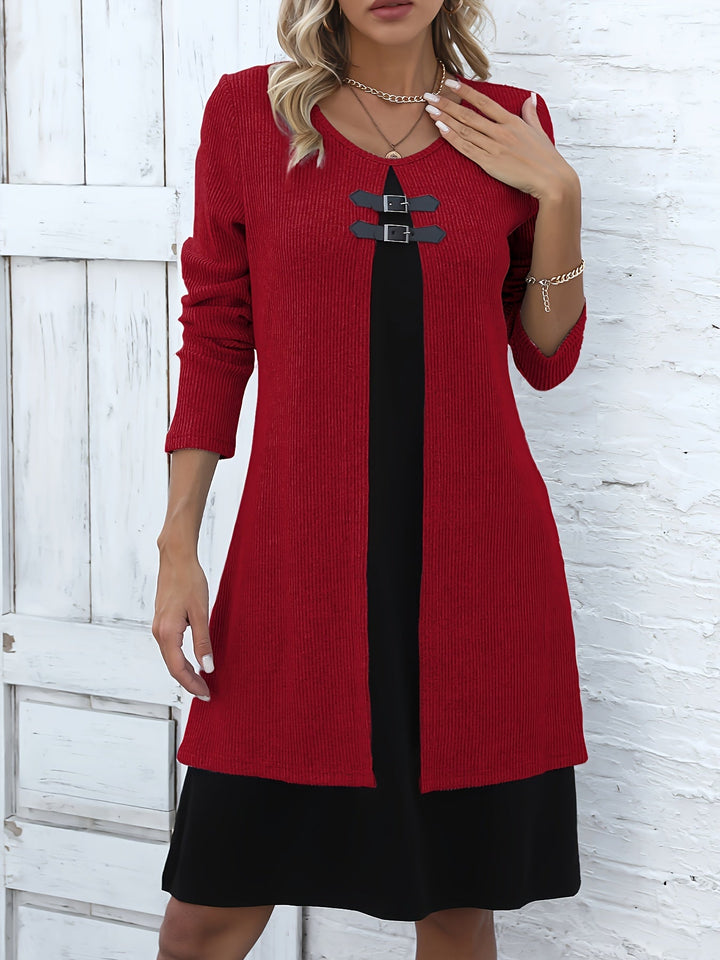 Elegant Ribbed Knit Two Tone Midi Dress for Women with Round Neck Long Sleeve Buckle Detail Layered Style