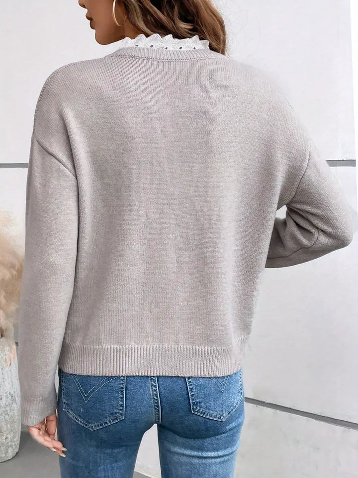Comfortable Lace Trim Sweater for Women with V Neck Long Sleeve Relaxed Knit Style