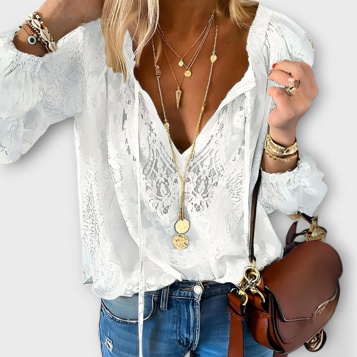 Effortless Lace Jacquard Blouse for Women with V Neck Long Sleeve Tie Front Bohemian Style