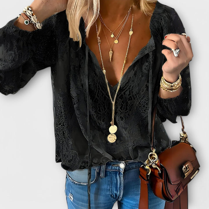 Effortless Lace Jacquard Blouse for Women with V Neck Long Sleeve Tie Front Bohemian Style