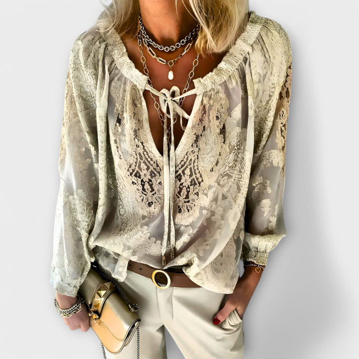 Effortless Lace Jacquard Blouse for Women with V Neck Long Sleeve Tie Front Bohemian Style