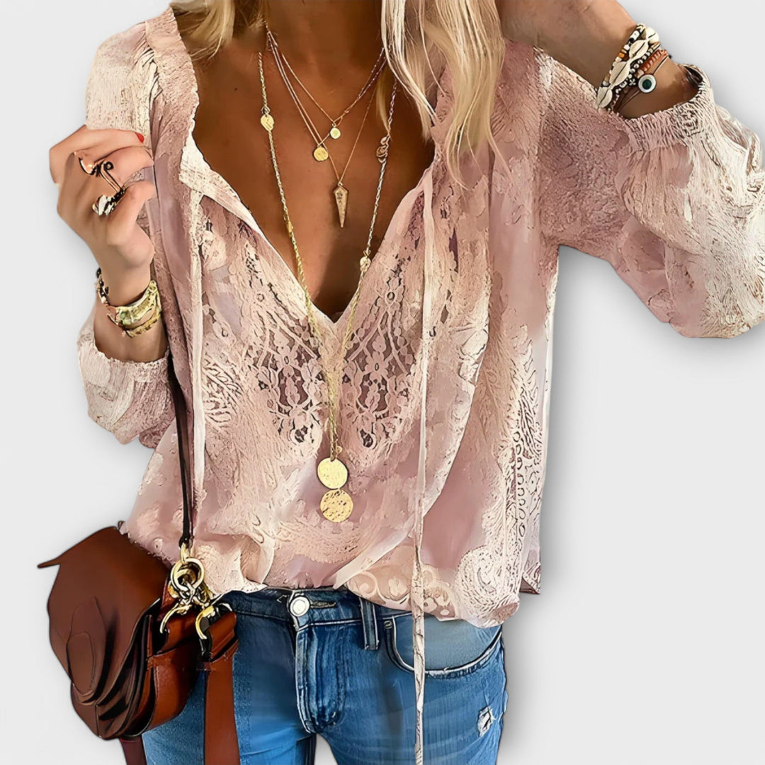 Effortless Lace Jacquard Blouse for Women with V Neck Long Sleeve Tie Front Bohemian Style