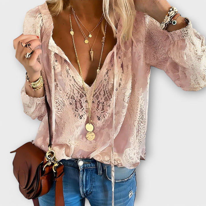 Effortless Lace Jacquard Blouse for Women with V Neck Long Sleeve Tie Front Bohemian Style