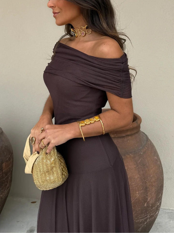 Elegant Mesh Maxi Dress for Women with Off Shoulder Ruched Sleeve Sheer Flowing Style