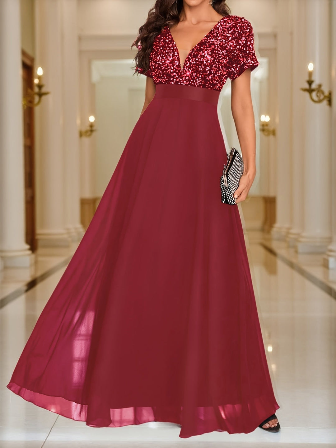 Elegant Sequin Maxi Dress for Women with V Neck Short Sleeve Empire Waist Flowing Formal Wedding Guest Style