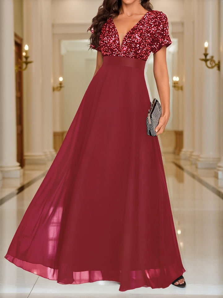 Elegant Sequin Maxi Dress for Women with V Neck Short Sleeve Empire Waist Flowing Formal Wedding Guest Style