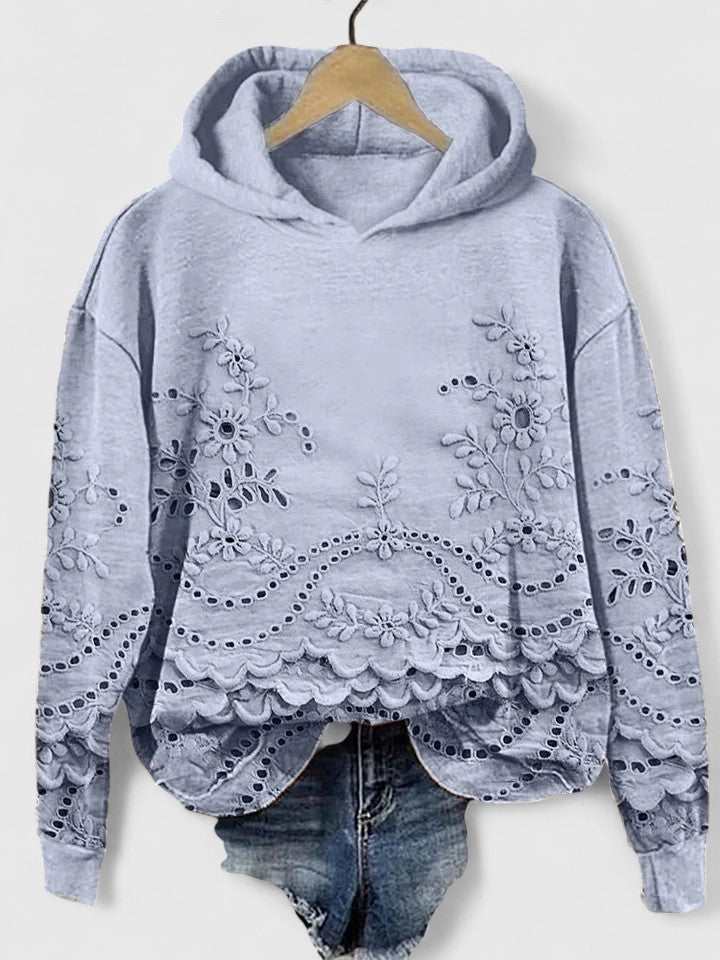 Effortless Eyelet Embroidered Cropped Hoodie for Women with Hood Long Sleeve Scalloped High Low Hem Bohemian Style