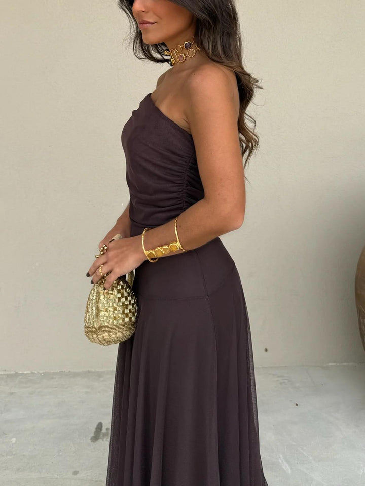 Elegant Mesh Maxi Dress for Women with Off Shoulder Ruched Sleeve Sheer Flowing Style