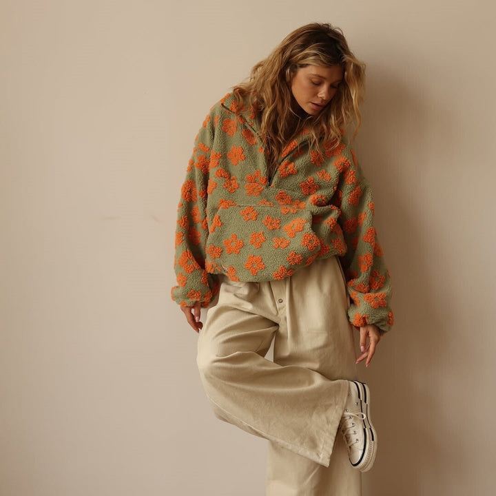 Comfortable Floral Sherpa Pullover for Women with Collar Half Zip Long Sleeve Oversized Knit Style