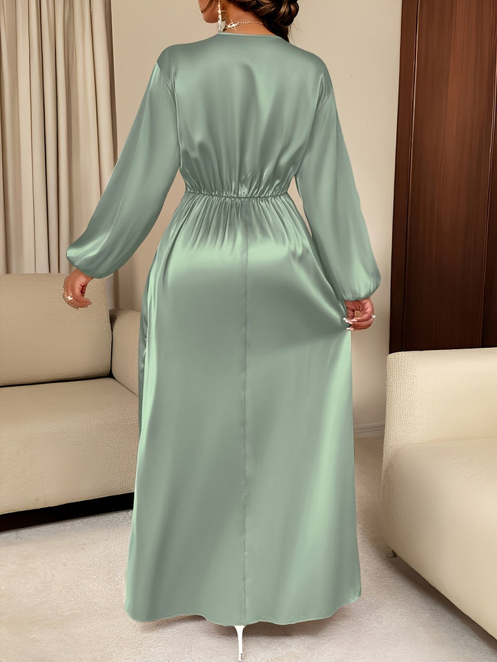 Elegant Satin Wrap Maxi Dress for Women with V Neck Bishop Sleeve Pleated Waist High Slit Flowing Style