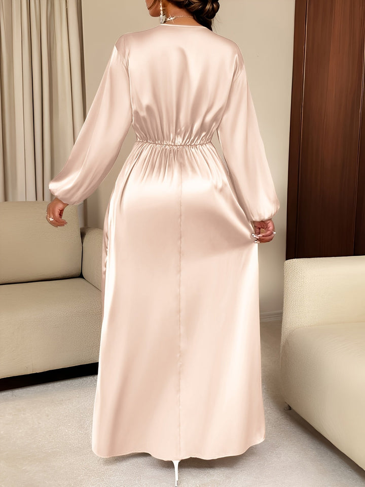 Elegant Satin Wrap Maxi Dress for Women with V Neck Bishop Sleeve Pleated Waist High Slit Flowing Style