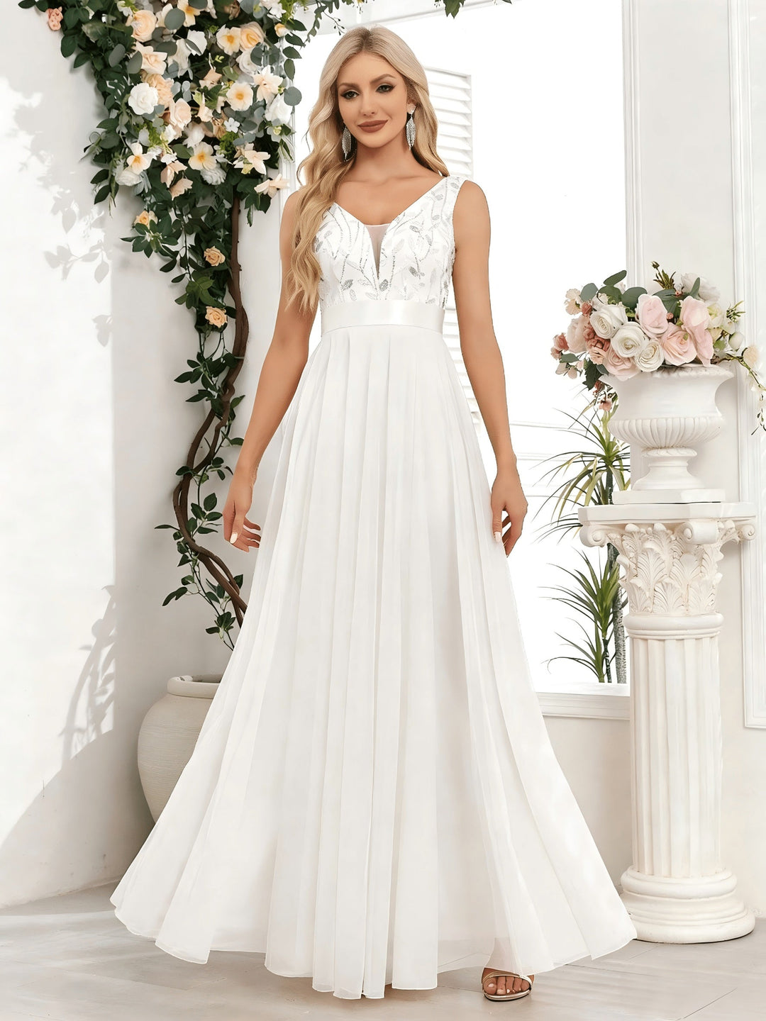 Elegant Embroidered Sequin Maxi Dress for Women with V Neck Sleeveless A Line Formal Wedding Guest Style