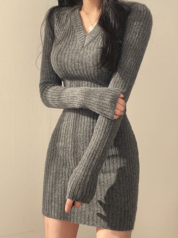Elegant Ribbed Sweater Mini Dress for Women with V Neck Long Sleeve Bodycon Knit Style