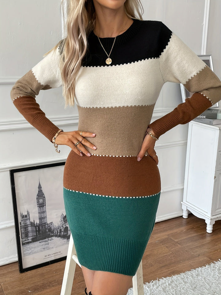 Elegant Colorblock Sweater Dress for Women with Crew Neck Long Sleeve Bodycon Knit Style