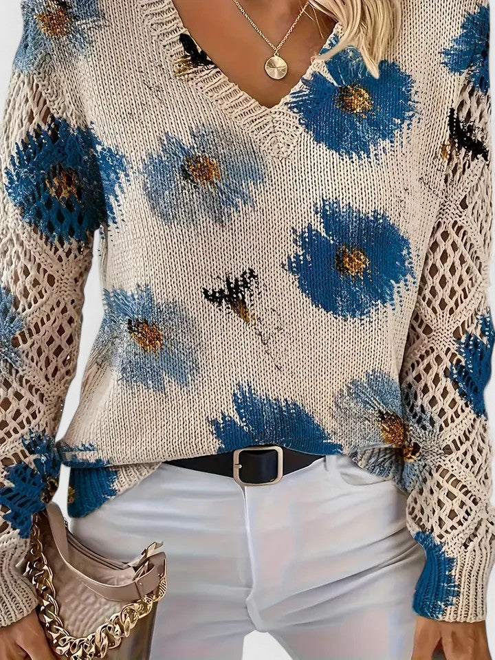 Comfortable Floral Crochet Sweater for Women with V Neck Long Sleeve Oversized Knit Style