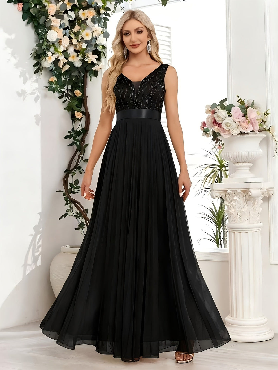 Elegant Embroidered Sequin Maxi Dress for Women with V Neck Sleeveless A Line Formal Wedding Guest Style