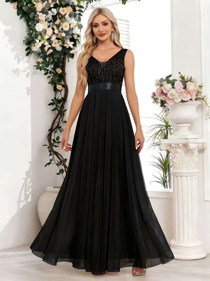 Elegant Embroidered Sequin Maxi Dress for Women with V Neck Sleeveless A Line Formal Wedding Guest Style