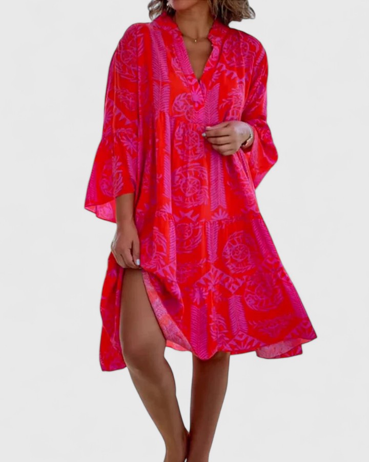 Effortless Tribal Print Kaftan Dress for Women with V Neck Bell Sleeve Tiered Side Slit Bohemian Style