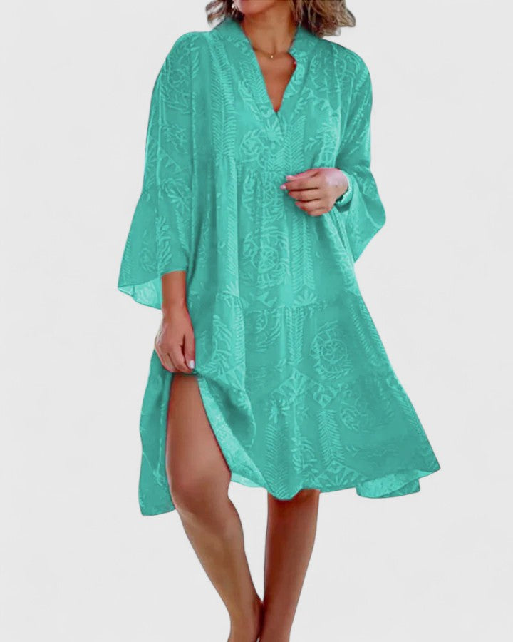 Effortless Tribal Print Kaftan Dress for Women with V Neck Bell Sleeve Tiered Side Slit Bohemian Style