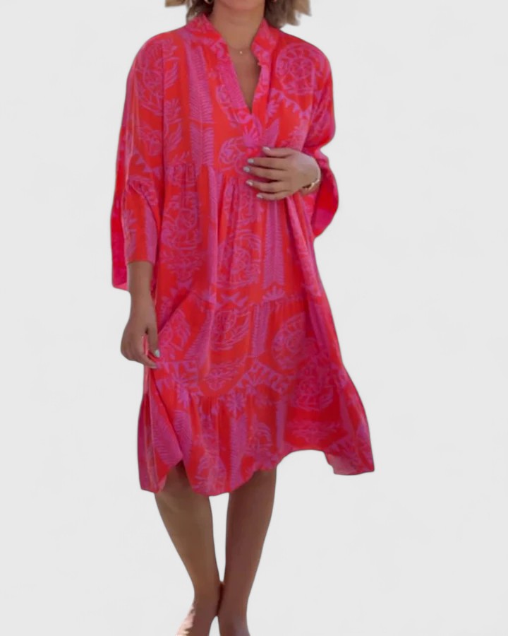 Effortless Tribal Print Kaftan Dress for Women with V Neck Bell Sleeve Tiered Side Slit Bohemian Style