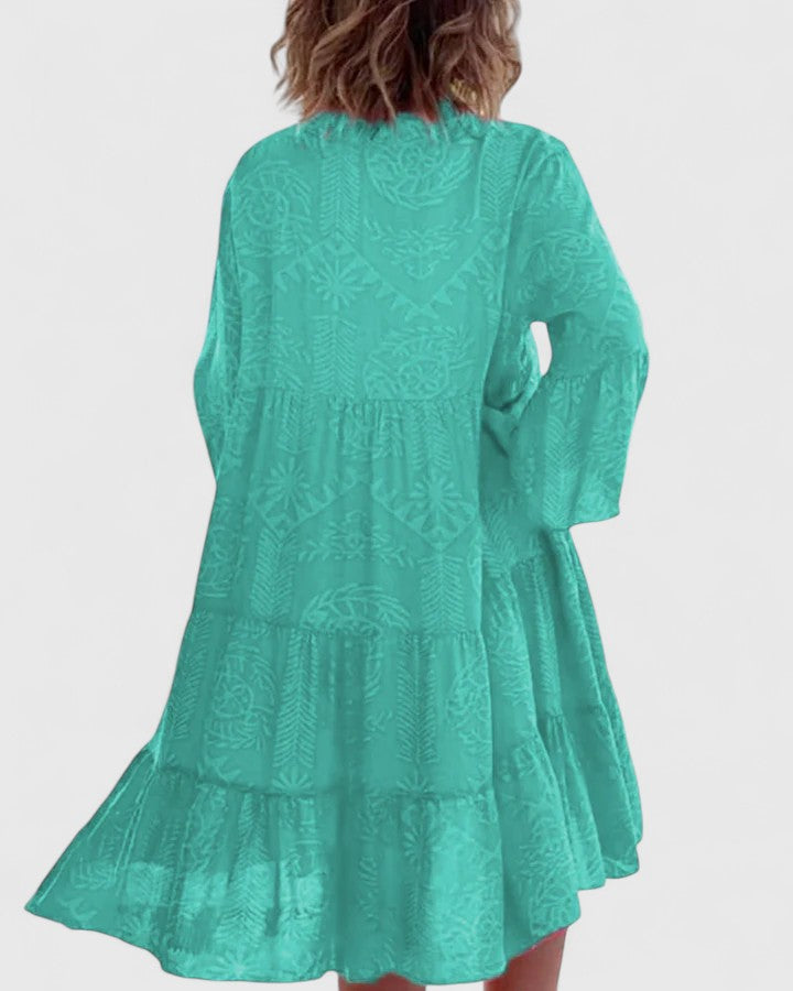 Effortless Tribal Print Kaftan Dress for Women with V Neck Bell Sleeve Tiered Side Slit Bohemian Style