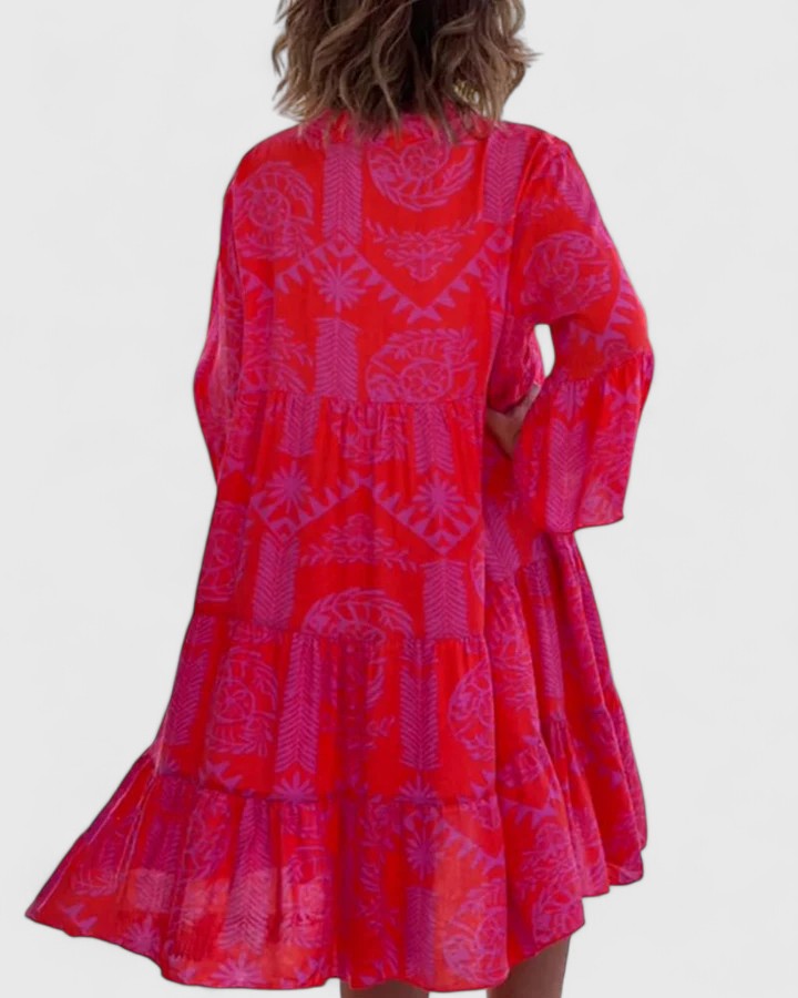 Effortless Tribal Print Kaftan Dress for Women with V Neck Bell Sleeve Tiered Side Slit Bohemian Style