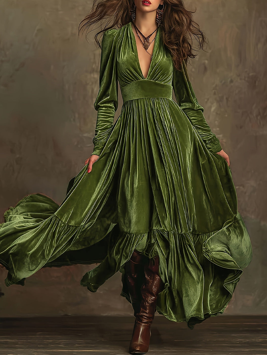 Elegant Velvet Maxi Dress for Women with Plunging V Neck Long Sleeve Tiered Ruffle Flowing Style