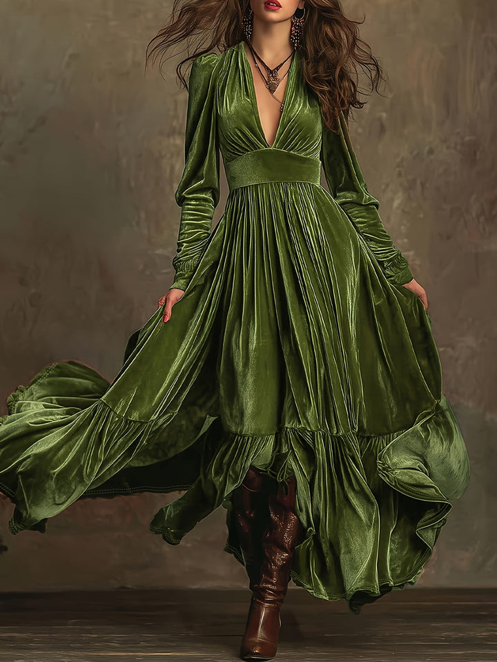 Elegant Velvet Maxi Dress for Women with Plunging V Neck Long Sleeve Tiered Ruffle Flowing Style