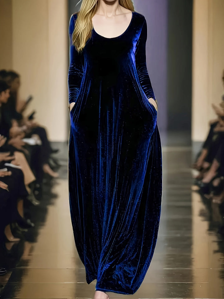 Elegant Velvet Maxi Dress for Women with Scoop Neck Long Sleeve Flowing Caftan Style