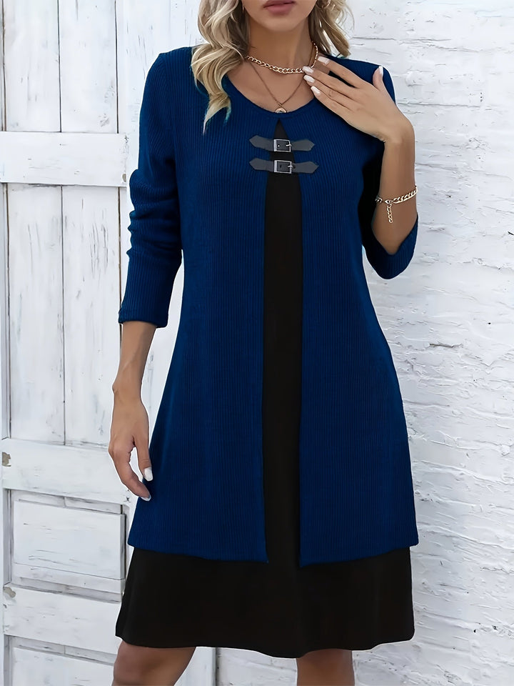 Elegant Ribbed Knit Two Tone Midi Dress for Women with Round Neck Long Sleeve Buckle Detail Layered Style