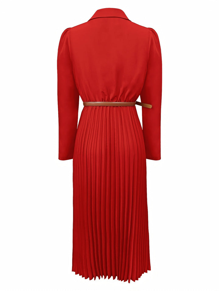 Elegant Pleated Shirt Dress for Women with Collar Long Sleeve Belted Flowing Style