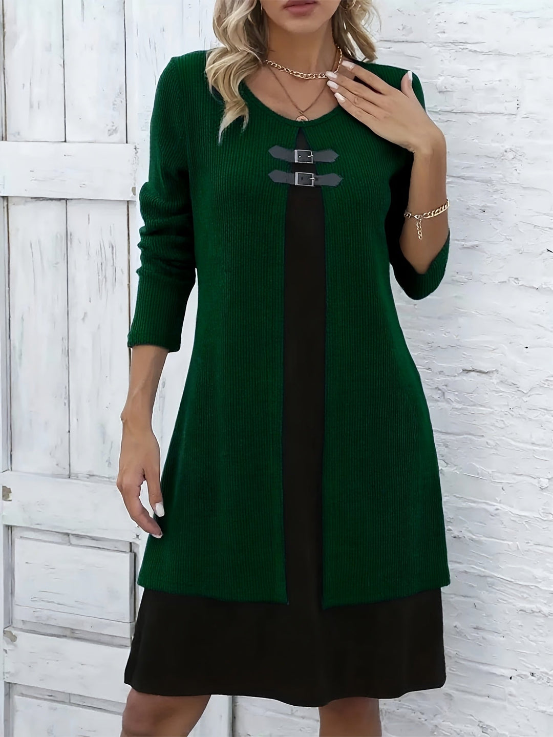 Elegant Ribbed Knit Two Tone Midi Dress for Women with Round Neck Long Sleeve Buckle Detail Layered Style