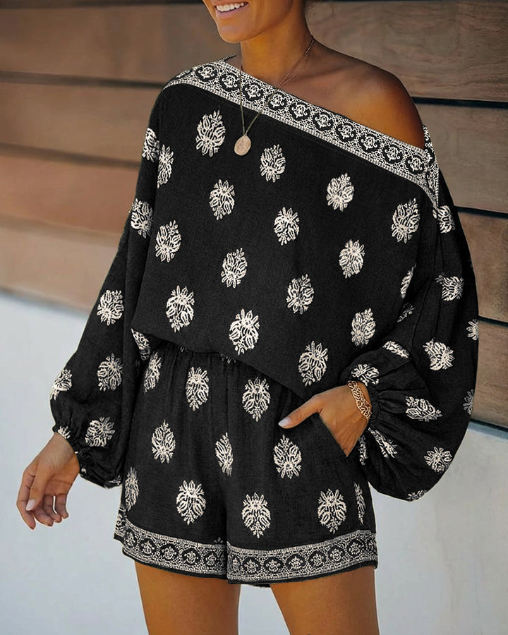 Effortless Embroidered Two Piece Set for Women with Off Shoulder Batwing Sleeve Relaxed Bohemian Style