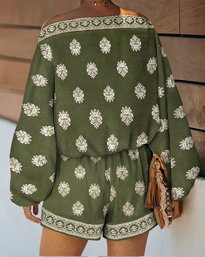 Effortless Embroidered Two Piece Set for Women with Off Shoulder Batwing Sleeve Relaxed Bohemian Style
