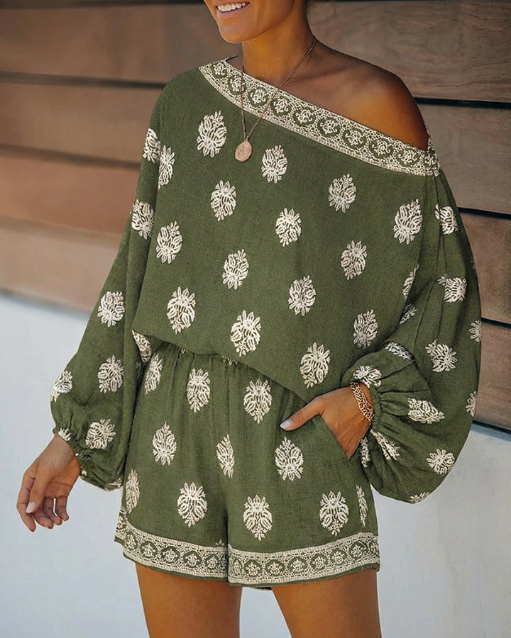 Effortless Embroidered Two Piece Set for Women with Off Shoulder Batwing Sleeve Relaxed Bohemian Style