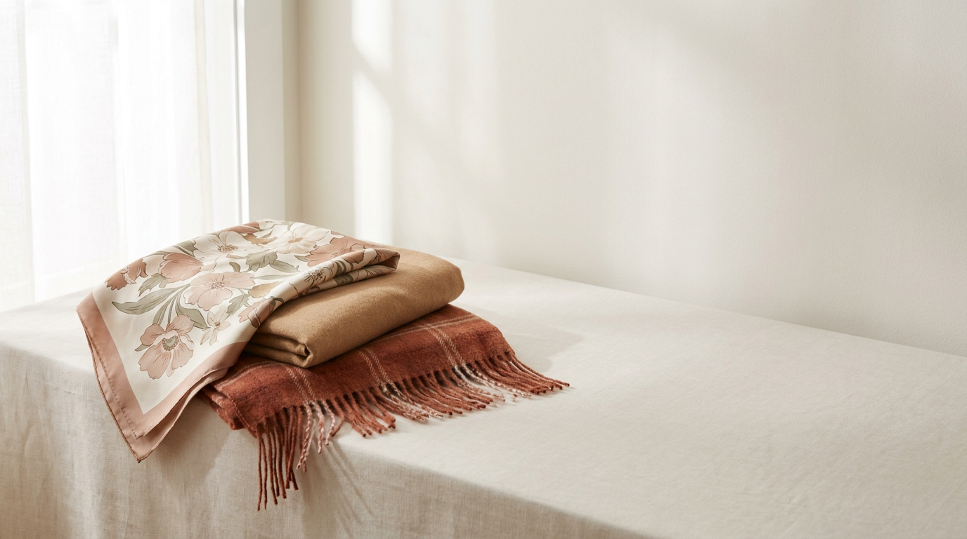 Kalo Boutique scarves stacked on linen in natural light