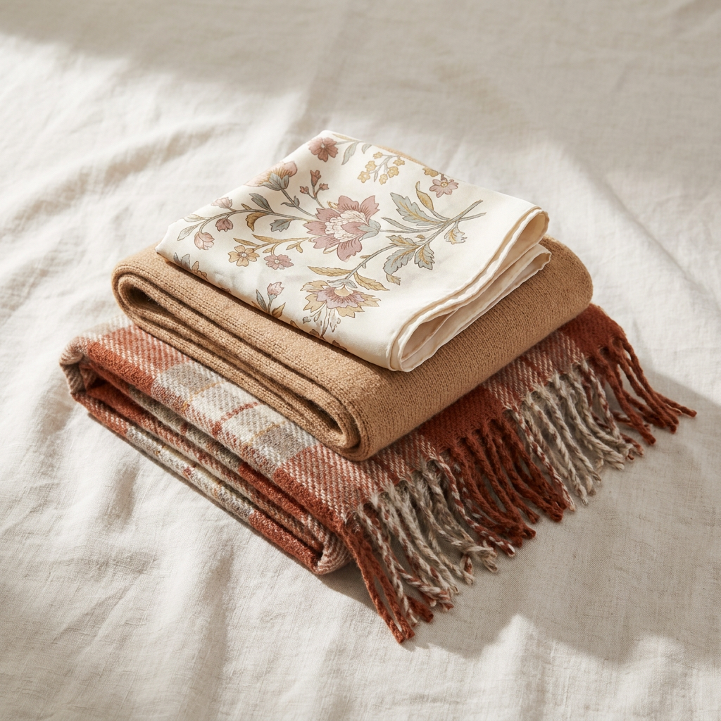 Three folded Kalo Boutique scarves arranged on pale linen