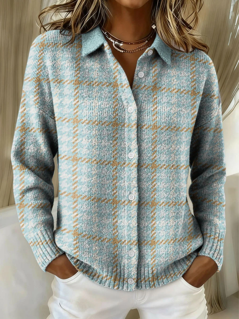 Comfortable Blue Plaid Knit Cardigan for Women