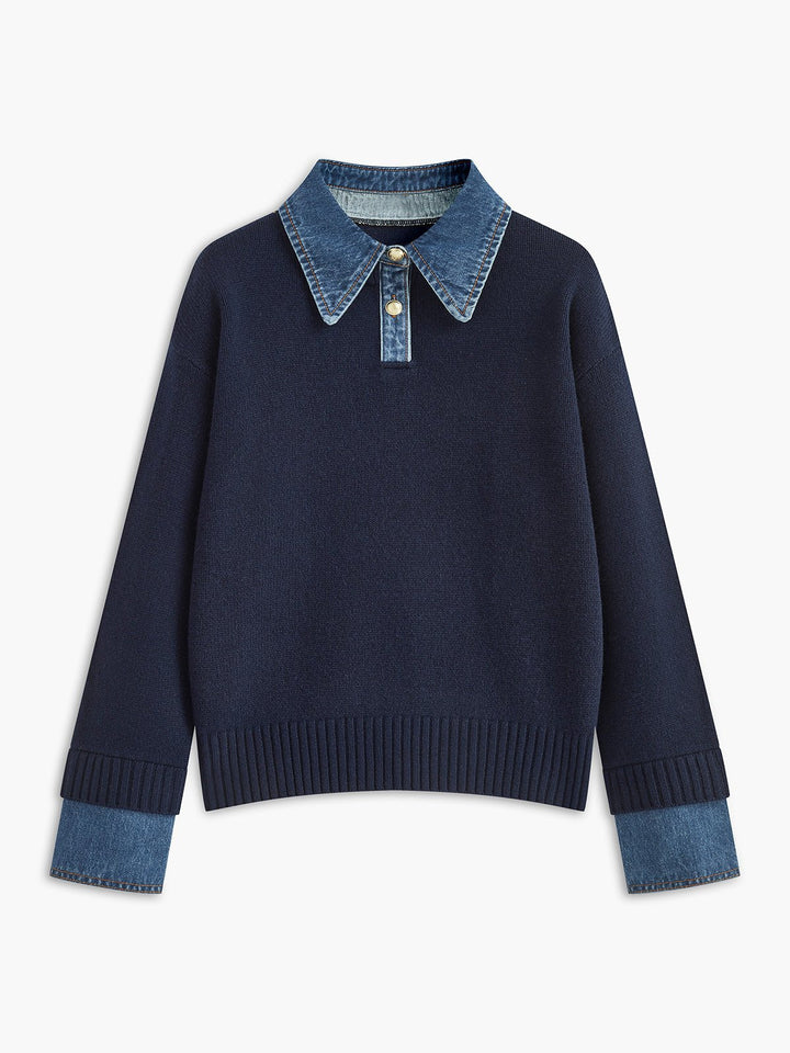 Comfortable Denim Trim Polo Sweater for Women
