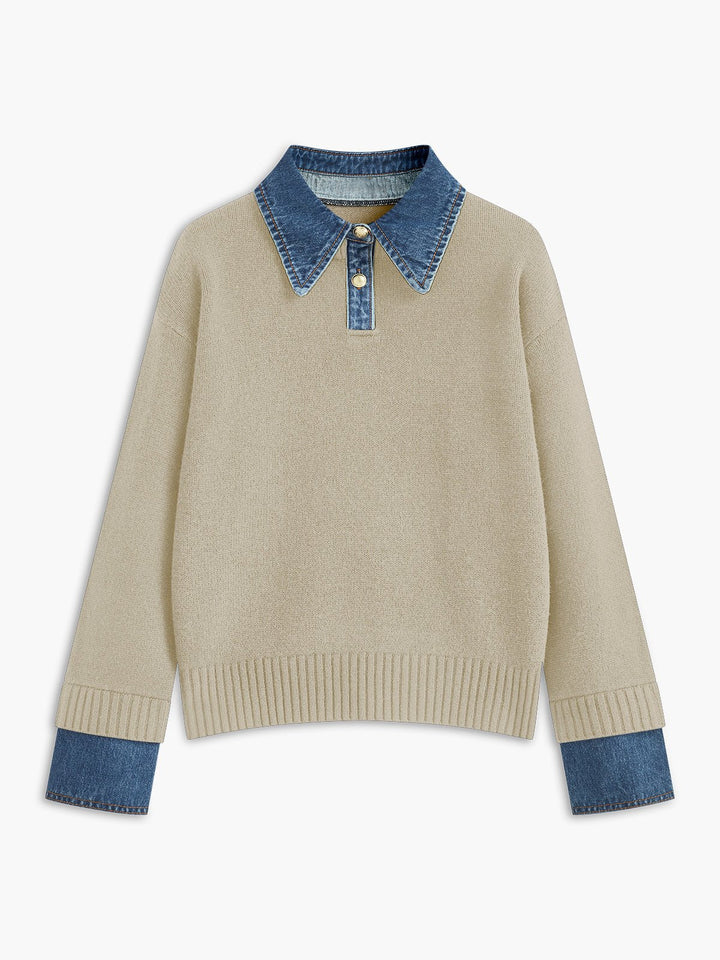 Comfortable Denim Trim Polo Sweater for Women – view 9