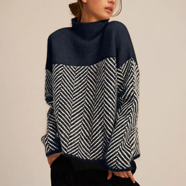 Comfortable Herringbone Colorblock Sweater for Women