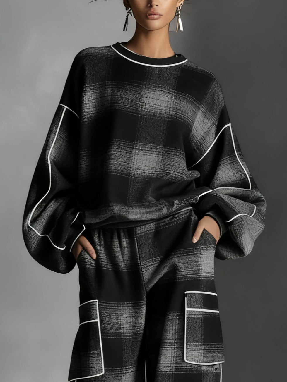 Effortless Black Gray Plaid Two Piece Set for Women – view 2