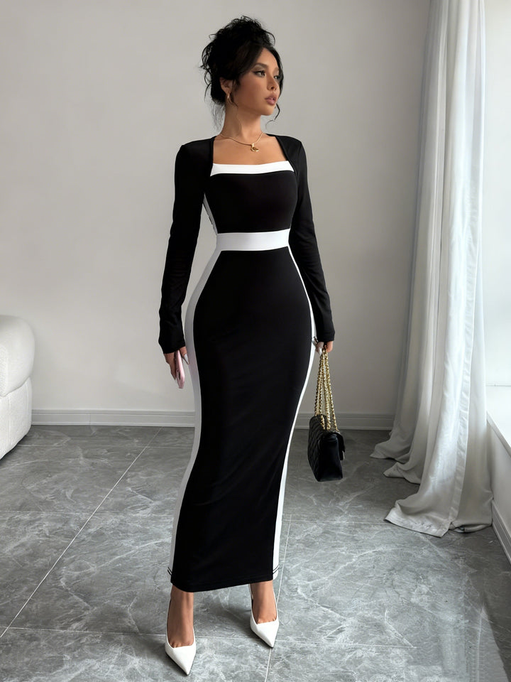 Elegant Black Colorblock Maxi Dress for Women – view 3