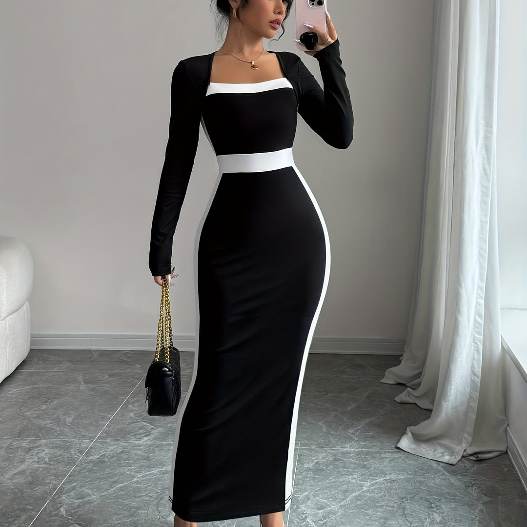 Elegant Black Colorblock Maxi Dress for Women – view 8