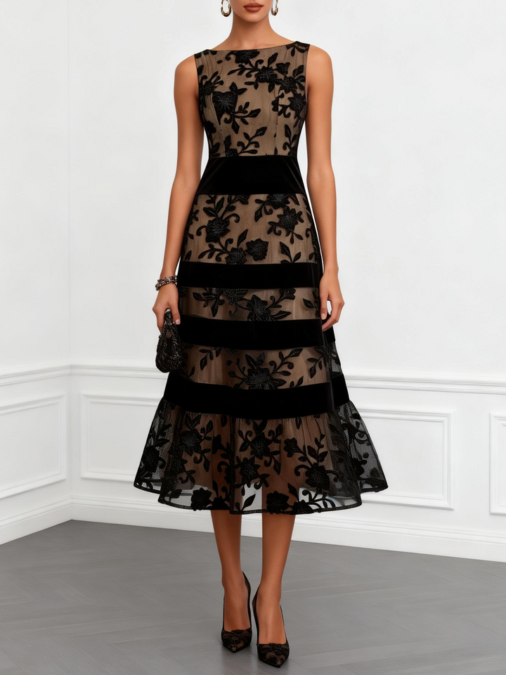Elegant Black Floral Lace Midi Dress for Women