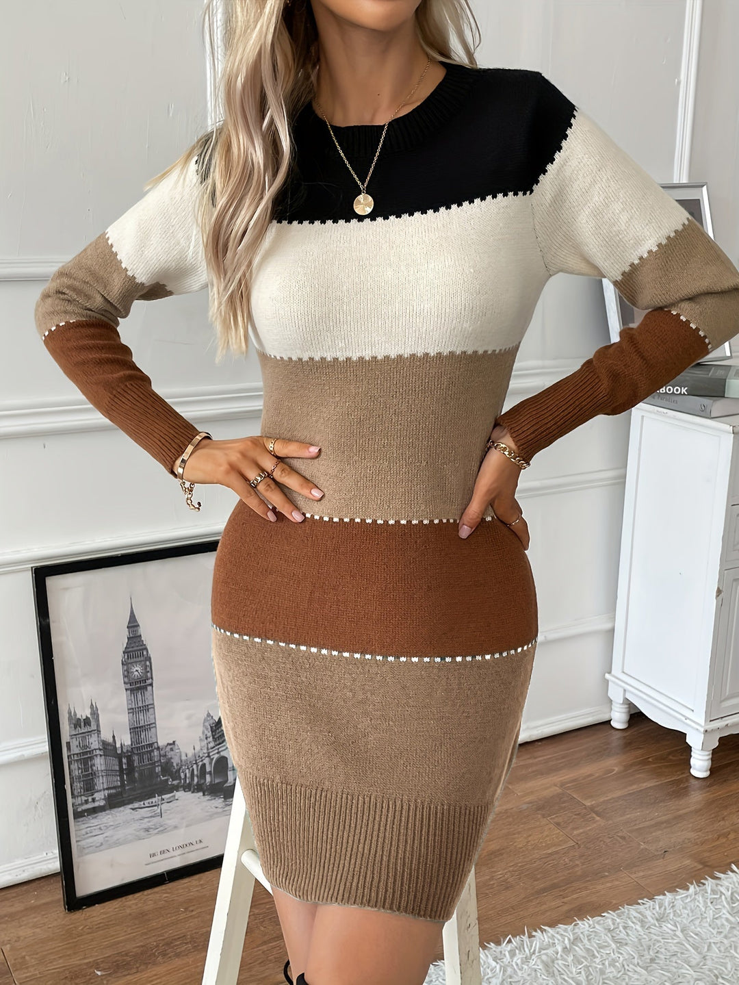 Elegant Colorblock Sweater Dress for Women – view 2