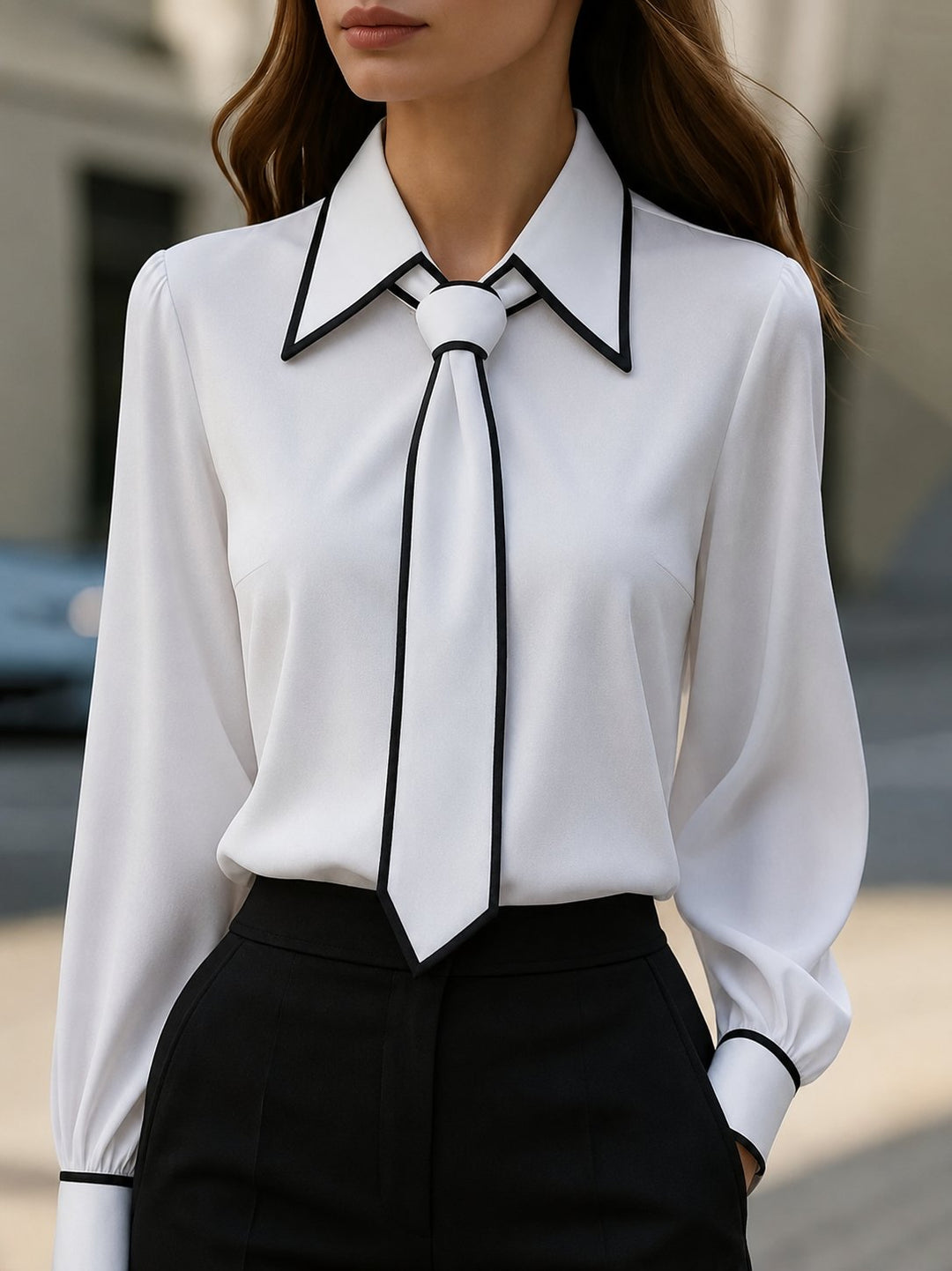 Elegant Contrast Tie Neck Blouse for Women