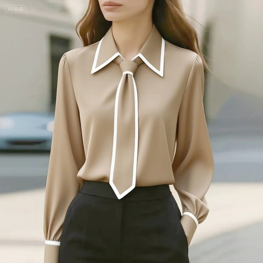 Elegant Contrast Tie Neck Blouse for Women – view 2
