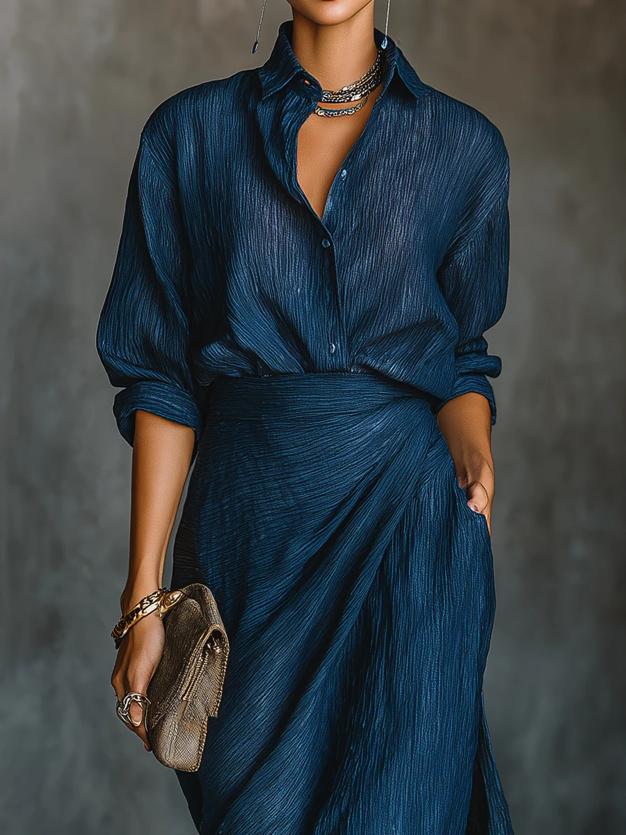 Elegant Dark Blue Textured Two Piece Set for Women – view 2